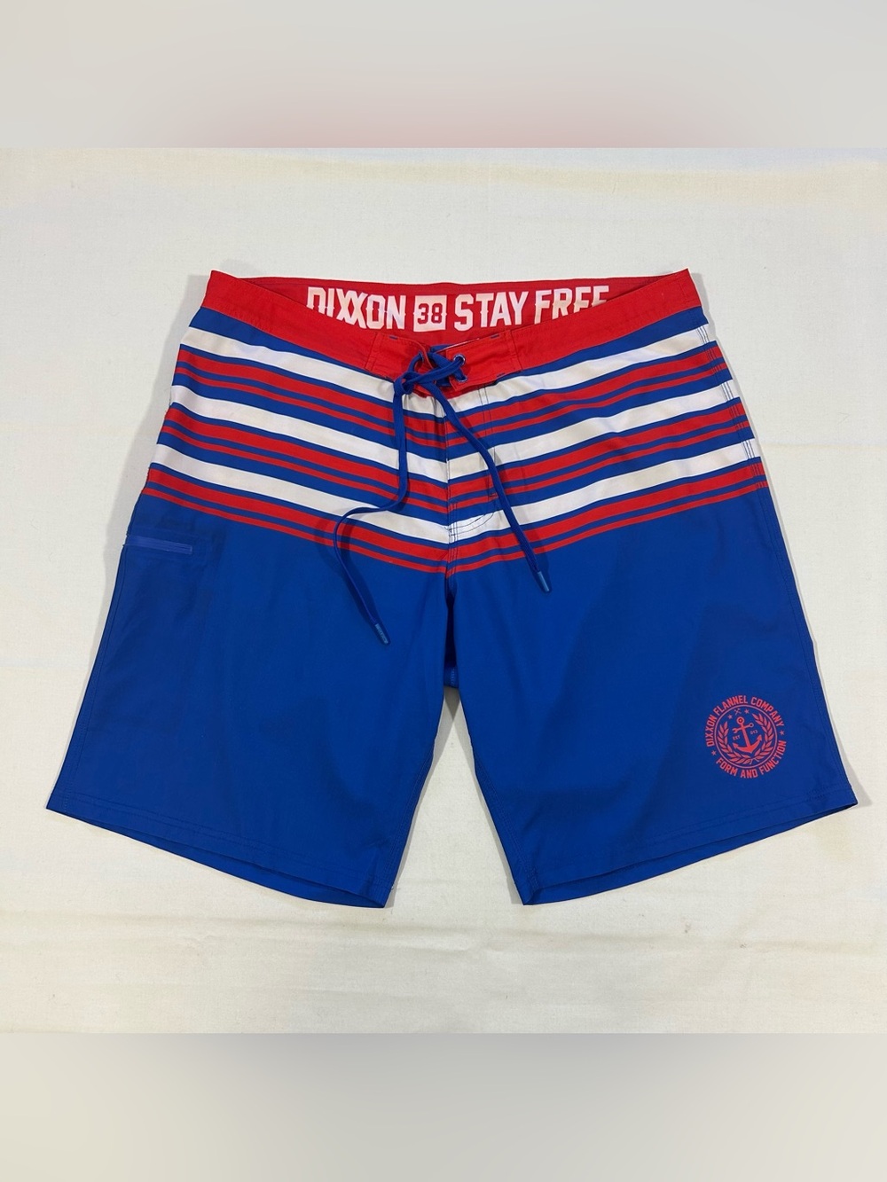 Dixxon Board Shorts Mens 38 Blue Red Striped Anchor Swim Trunks Beach Nautical
